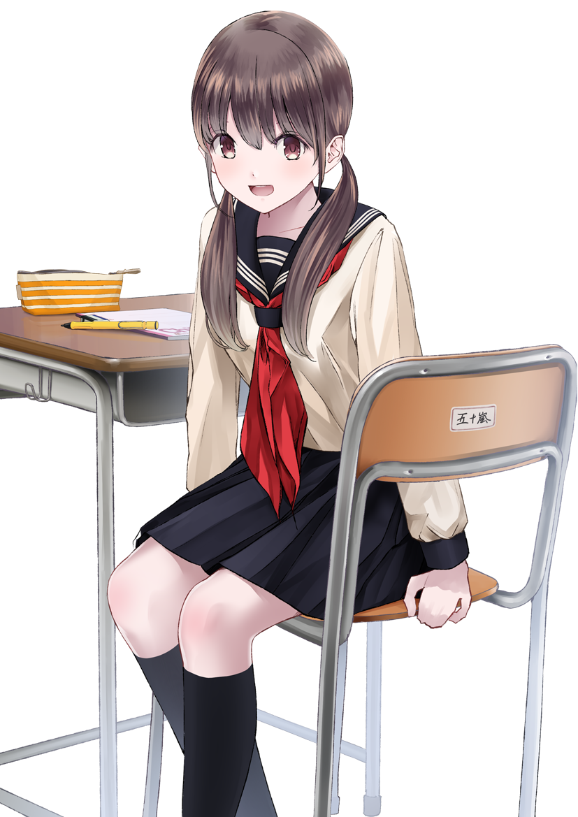 1girl :d bad_id bad_pixiv_id barefoot brown_eyes brown_hair chair chikuwa_(glossymmmk) chikuwa_(odennabe) desk female_focus kneehighs long_hair looking_at_viewer low_twintails mechanical_pencil name_tag neckerchief notebook on_chair open_mouth pencil pencil_case school_desk school_uniform serafuku sitting smile socks solo transparent_background twintails