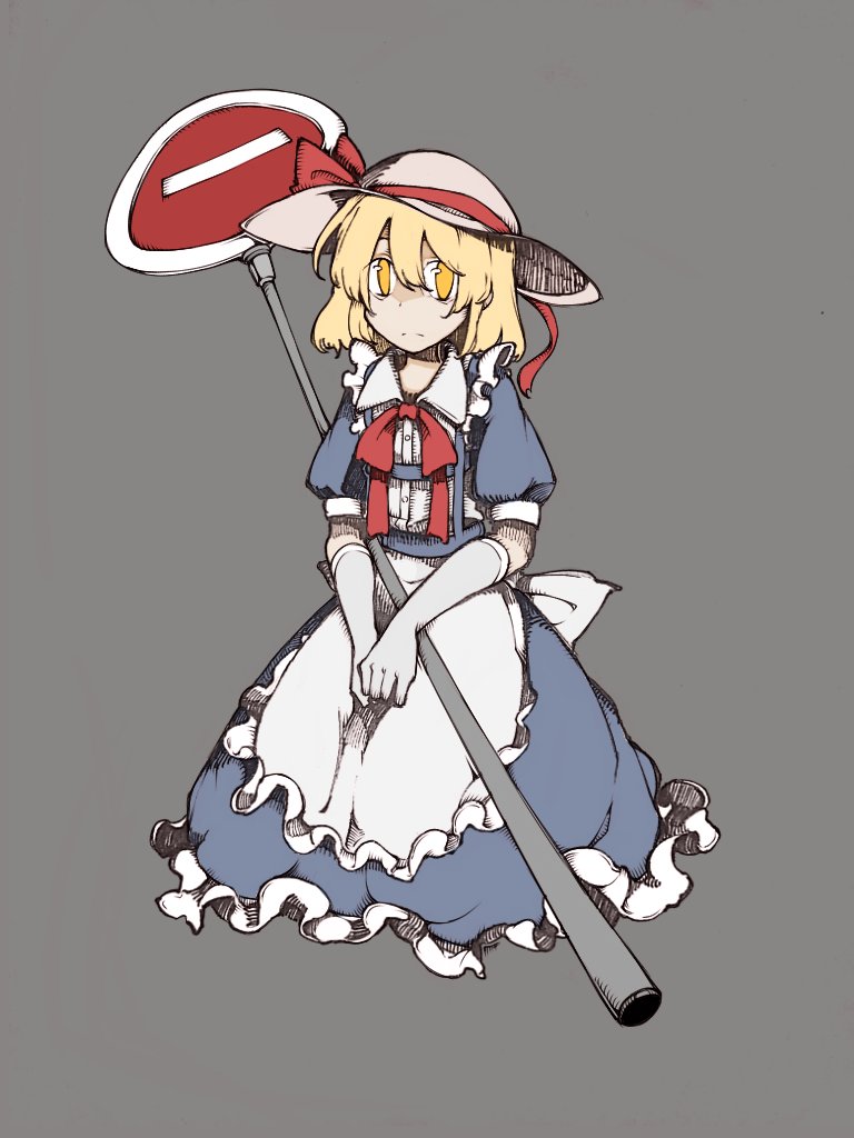 1girl apron back_bow blonde_hair blue_dress bolos bow bowtie buttons closed_mouth collared_shirt commentary dot_nose dress dress_shirt elbow_gloves frilled_apron frills frown full_body gloves grey_background grey_gloves hair_between_eyes hands_on_lap hat hat_bow kana_anaberal kneeling long_dress looking_at_viewer medium_hair own_hands_together puffy_short_sleeves puffy_sleeves red_bow red_bowtie road_sign shirt short_sleeves sign simple_background solo sun_hat tachi-e touhou touhou_(pc-98) white_apron white_bow white_hat white_shirt yellow_eyes
