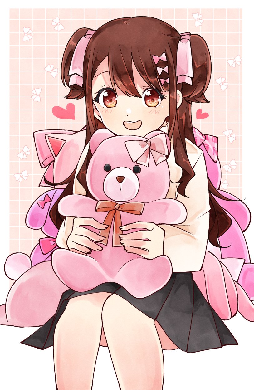 1girl 22/7 :d bow brown_hair hair_bow hair_ornament highres holding long_hair long_sleeves looking_at_viewer open_mouth ribbon sera_honoka smile solo stuffed_animal stuffed_toy tagme teddy_bear trefle_r two_side_up