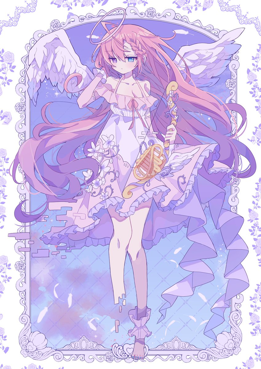1girl ahoge asymmetrical_bangs blue_eyes blue_nails bow_(weapon) braid breasts cleavage cloud commentary_request dress feathered_wings frilled_dress frills futaba969649 glitch halo heterochromia highres holding holding_bow_(weapon) holding_weapon long_hair megurine_luka pink_hair pink_halo purple_eyes second-party_source single_bare_foot solo vocaloid weapon white_dress wings