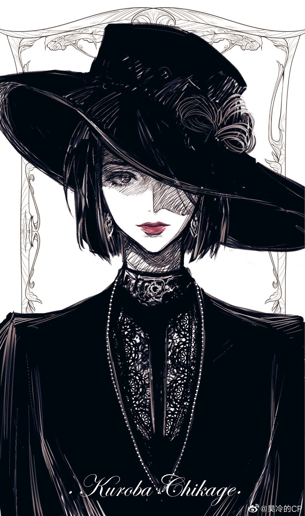 1girl black_hair black_hat bob_cut bow character_name chinese_commentary closed_mouth earrings haoriday hat hat_bow hat_over_one_eye highres jewelry kuroba_chikage lips lipstick looking_at_viewer makeup meitantei_conan monochrome necklace necktie one_eye_covered red_lips shaded_face shirt short_hair simple_background solo spot_color upper_body watermark weibo_watermark white_background