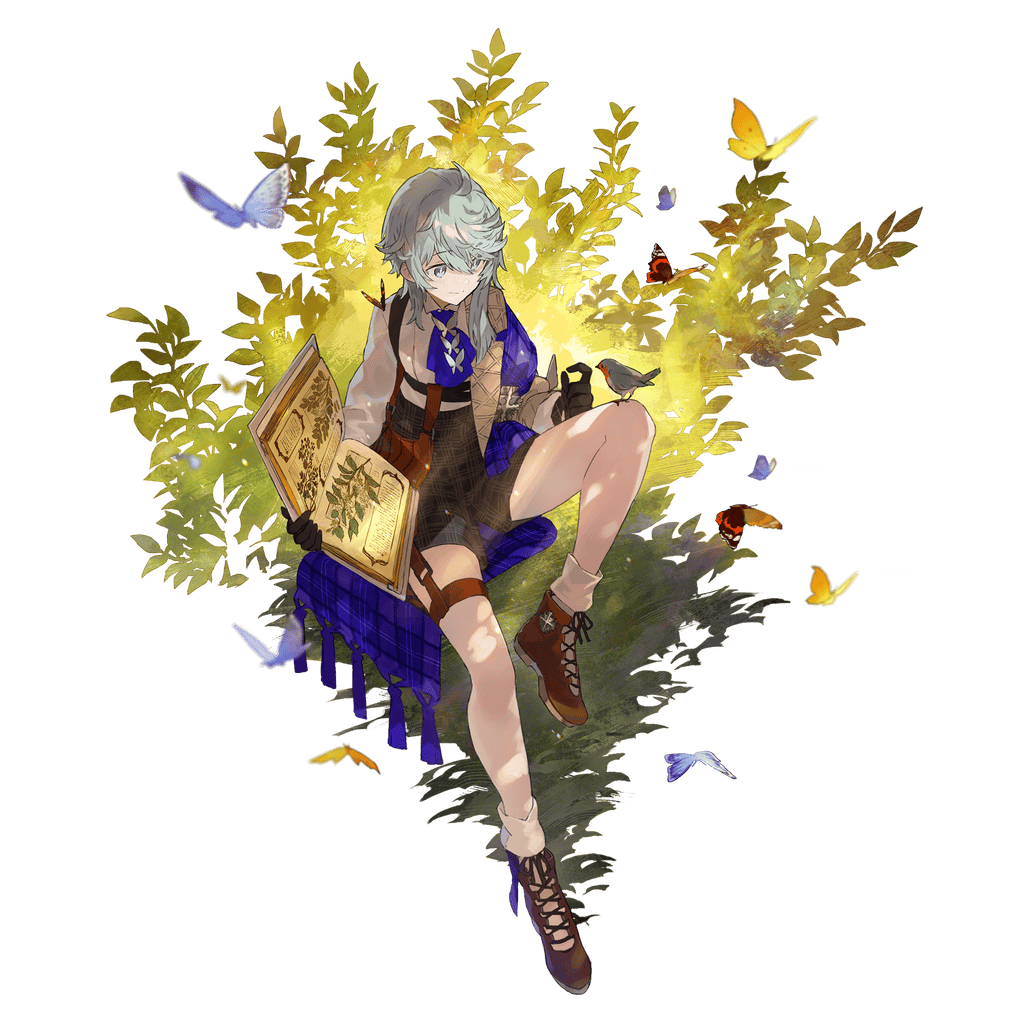 1girl ankle_boots ascot aster_tatariqus bird bird_on_knee black_gloves black_shorts blue_ascot book boots brown_boots bug butterfly closed_mouth collared_shirt commentary_request galahad_(aster_tatariqus) garter_straps gloves grey_eyes grey_hair holding holding_book insect long_sleeves looking_at_animal official_alternate_costume official_art open_book plant shirt short_hair_with_long_locks shorts simple_background single_thighhigh sitting smile solo thighhighs third-party_source transparent_background watarubou white_shirt white_thighhighs