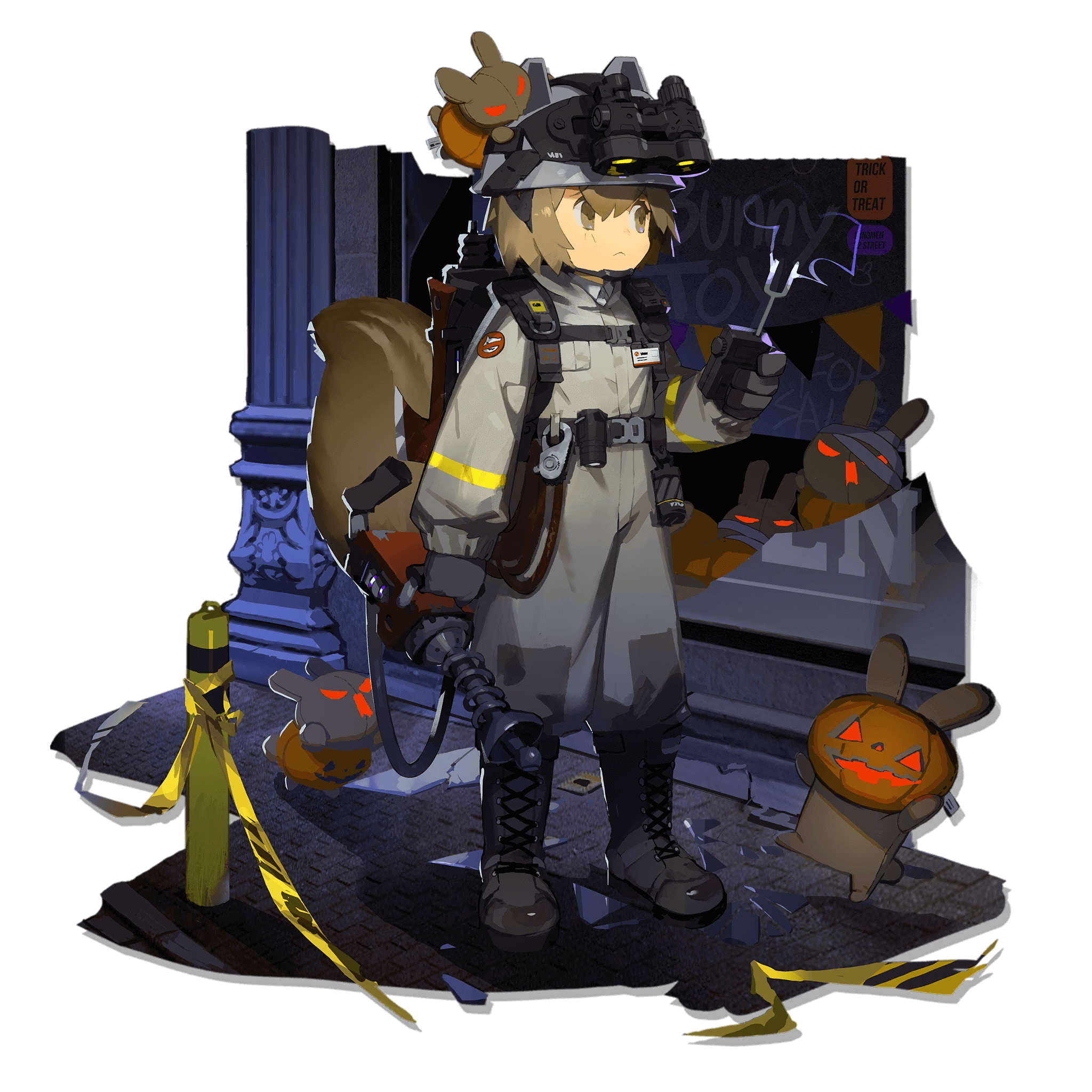 1girl a_gui animal_ears animal_ears_helmet animal_helmet arknights boots brown_eyes brown_hair eyewear_on_head firefighter_jacket frown full_body gloves grey_boots grey_gloves helmet highres id_card jack-o'-lantern jacket lace-up_boots long_sleeves medium_hair night_vision_device official_alternate_costume official_art pants pants_tucked_in pumpkin_hat shaw_(arknights) shaw_(cleansweeper_in_the_castle)_(arknights) sky solo squirrel squirrel_ears squirrel_tail tail transparent_background vest