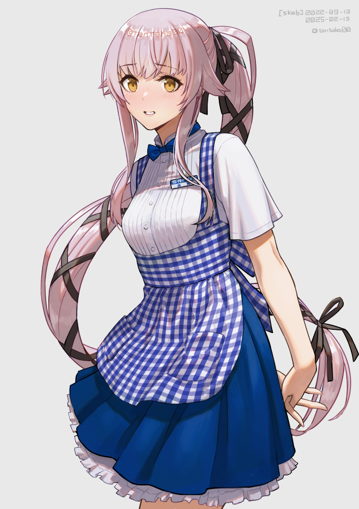 1girl apron blue_skirt blush checkered_apron checkered_clothes collared_shirt commission dated frilled_skirt frills gingham_apron grey_background hair_between_eyes kantai_collection kobeya_uniform long_hair parted_bangs pink_hair pleated_skirt ponytail revision shirt short_sleeves simple_background skeb_commission skirt solo tantaka very_long_hair white_shirt yellow_eyes yura_(kancolle)