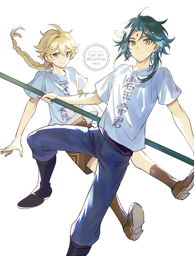 2boys aether_(genshin_impact) ahoge alternate_costume arm_tattoo artist_name black_footwear blonde_hair blue_hair blue_pants boots braid brown_footwear brown_shorts brown_socks closed_mouth clothes_writing commentary_request diamond-shaped_pupils diamond_(shape) eyeshadow facial_mark forehead_mark full_body fushitasu genshin_impact green_hair hair_between_eyes hand_up holding holding_polearm holding_weapon long_hair looking_at_viewer makeup male_focus multicolored_hair multiple_boys pants polearm primordial_jade_winged-spear_(genshin_impact) red_eyeshadow shirt shoes short_hair short_sleeves shorts sidelocks simple_background smile socks sparkle_print spear symbol-shaped_pupils t-shirt tattoo two-tone_hair weapon white_background white_shirt xiao_(genshin_impact) yellow_eyes
