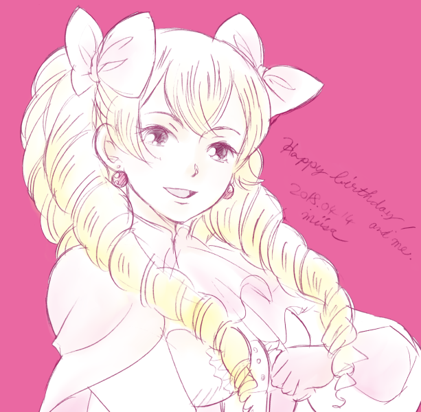 1girl artist_name blonde_hair bow capelet dated drill_hair earrings english_text fire_emblem gloves hair_bow happy_birthday jewelry long_hair looking_at_viewer maribelle_(fire_emblem) miisa multiple_hair_bows nintendo open_mouth partially_colored purple_background shirt simple_background sketch smile solo