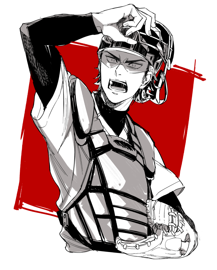 1boy :o ace_of_diamond baseball_catchers_mask baseball_glove baseball_uniform egg_(cknlun) long_sleeves looking_at_viewer male_focus mask_up miyuki_kazuya monochrome red_background shirt short_hair solo sportswear tinted_eyewear two-tone_background upper_body white_background white_shirt