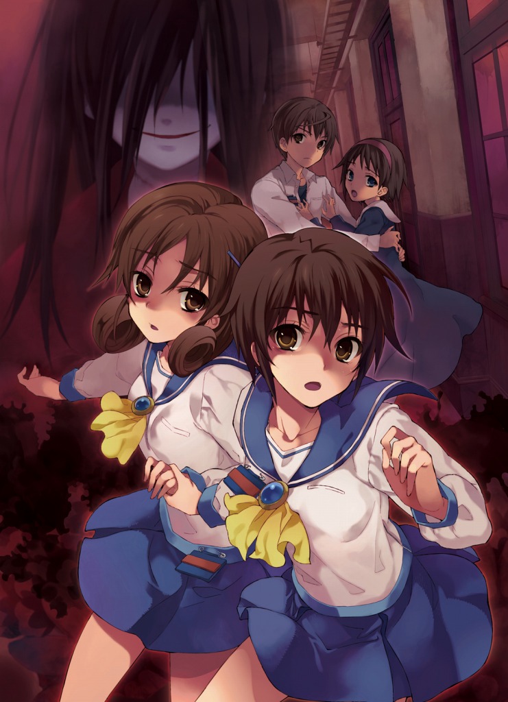 1boy 2no 4girls black_hair brown_eyes brown_hair colored_skin corpse_party curly_hair dress grey_skin hair_ornament hair_over_eyes hairband hairpin holding_hands long_hair mochida_satoshi mochida_yuka multiple_girls nakashima_naomi name_tag ninomoto official_art open_mouth school_dress school_uniform shinohara_seiko shinozaki_sachiko short_hair smile
