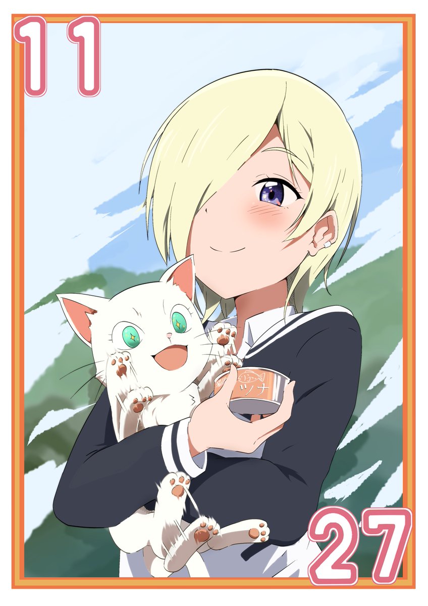 1girl 1other animal blonde_hair blush can canned_tuna cat closed_mouth commentary_request dated earclip excited green_eyes hair_over_one_eye hanpen_(love_live!) happy holding holding_animal holding_can holding_cat looking_at_food looking_down love_live! love_live!_nijigasaki_high_school_idol_club mia_taylor motion_lines november open_mouth pet_food purple_eyes short_hair smile sparkling_eyes translated two-tone_shirt whiskers white_fur zasshoku_ojisan