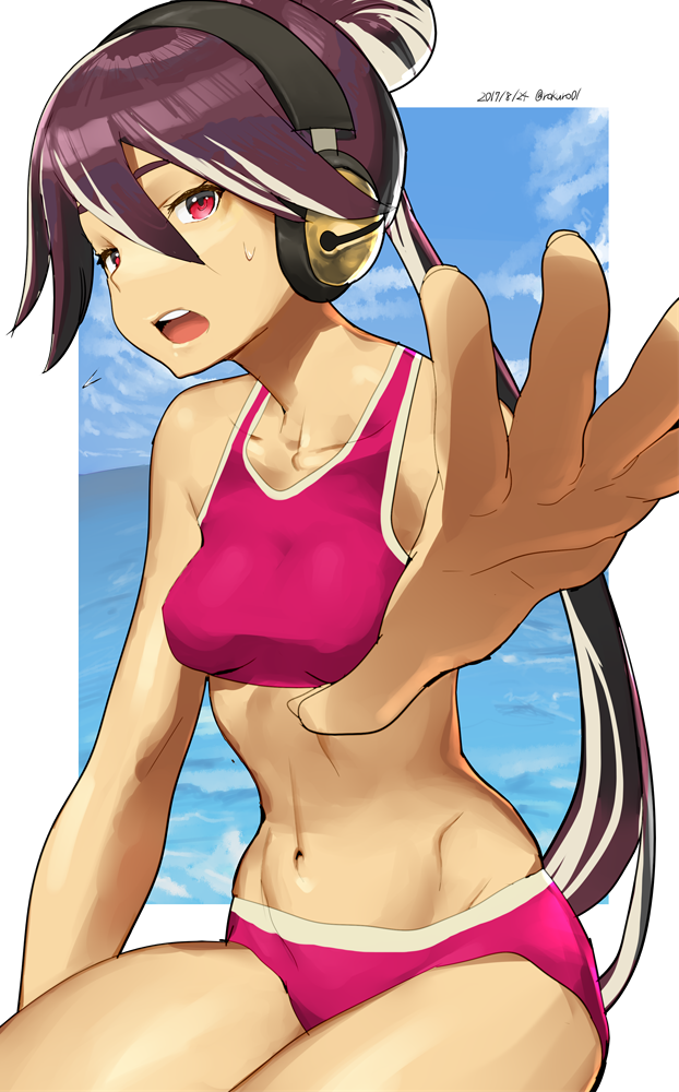 1girl 2017 alternate_costume bare_arms bare_shoulders bell bikini blue_sky breasts cloud collarbone cowboy_shot dated day eyebrows eyelashes facing_away female_focus fingernails flying_sweatdrops groin guilty_gear guilty_gear_xrd hair_between_eyes hair_bun headphones jingle_bell kum_haehyun long_hair looking_at_viewer multicolored_hair navel nose ocean open_mouth outstretched_arm pink_bikini pink_eyes ponytail purple_hair single_hair_bun sitting sky small_breasts solo stomach straight_hair streaked_hair sweat swimsuit teeth tongue twitter_username two-tone_hair very_long_hair water white_hair zaki_(narashigeo)