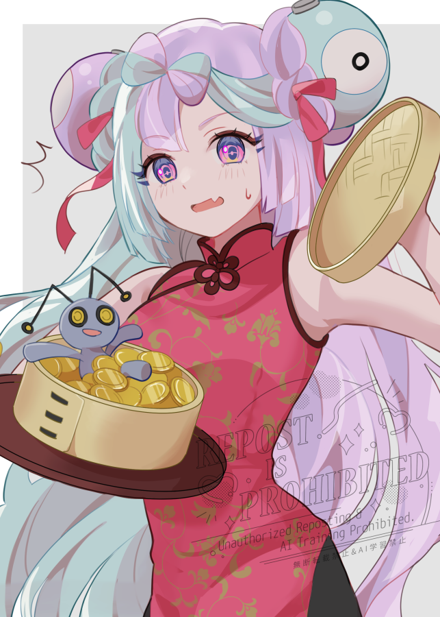 1girl blue_hair bow-shaped_hair breasts character_hair_ornament china_dress chinese_clothes dress fake_hair_bun gimmighoul hair_ornament holding holding_tray iono_(pokemon) long_hair mizuiro123 multicolored_hair nintendo open_mouth pink_hair pokemon pokemon_(creature) pokemon_sv red_dress sharp_teeth sleeveless teeth tray two-tone_hair