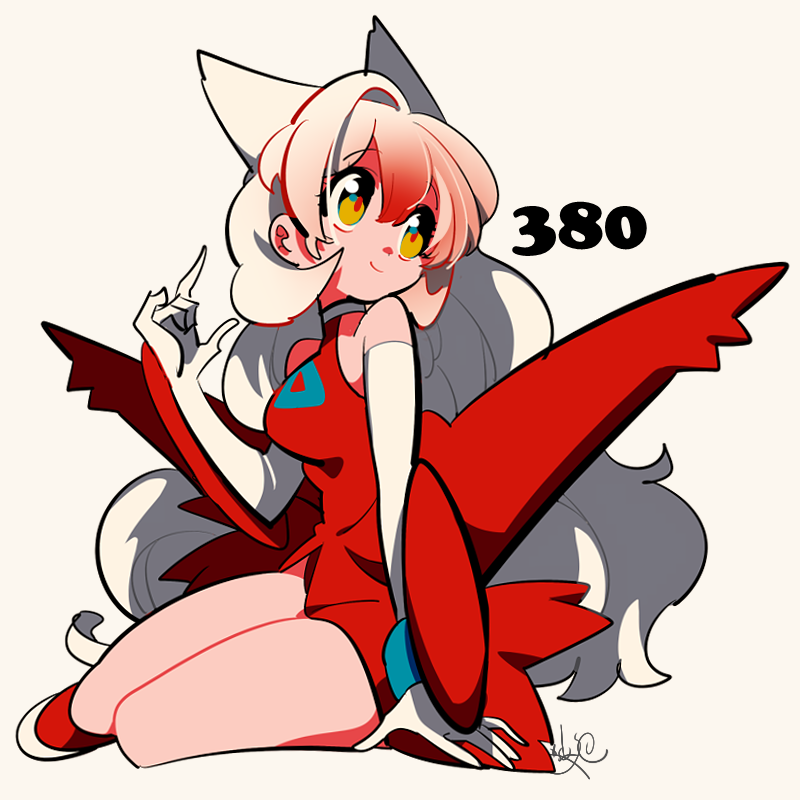 1girl brown_eyes closed_mouth commentary_request dress elbow_gloves full_body gen_3_pokemon gloves latias legendary_pokemon long_hair nintendo personification pokedex_number pokemon red_dress red_shoes sameyama_jiro shoes signature simple_background sitting very_long_hair white_background white_gloves