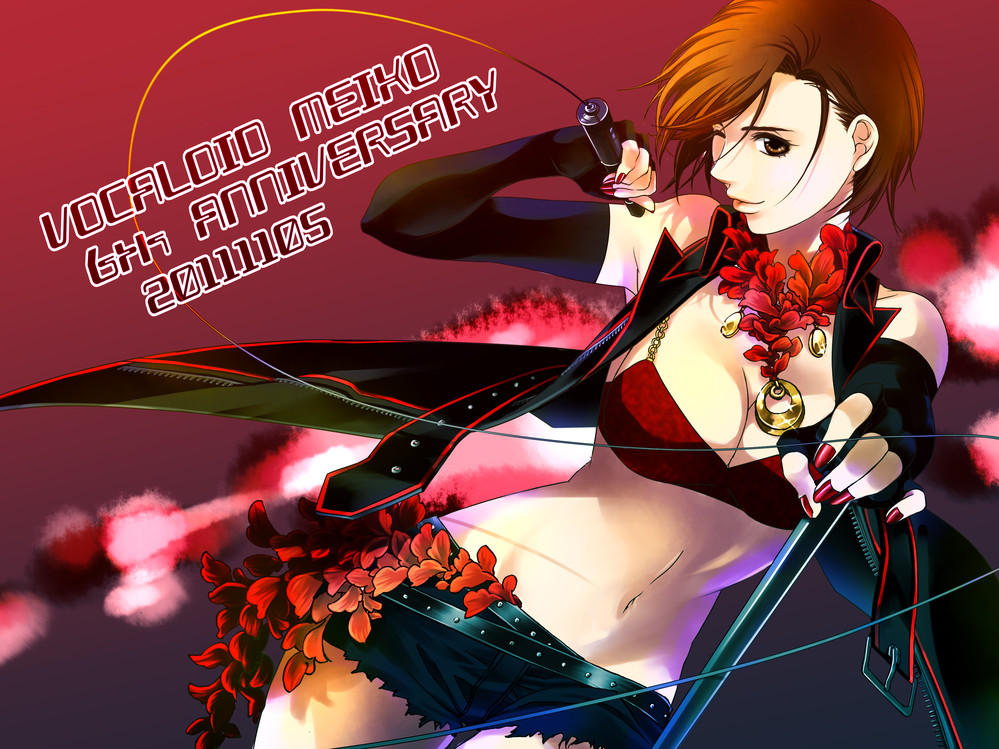 1girl bra breasts brown_eyes brown_hair cleavage cutoffs denim denim_shorts elbow_gloves female_focus fingerless_gloves gloves large_breasts lingerie md5_mismatch meiko_(vocaloid) microphone microphone_stand midriff nail_polish navel one_eye_closed short_hair short_shorts shorts skirt solo toyu underwear vocaloid wink