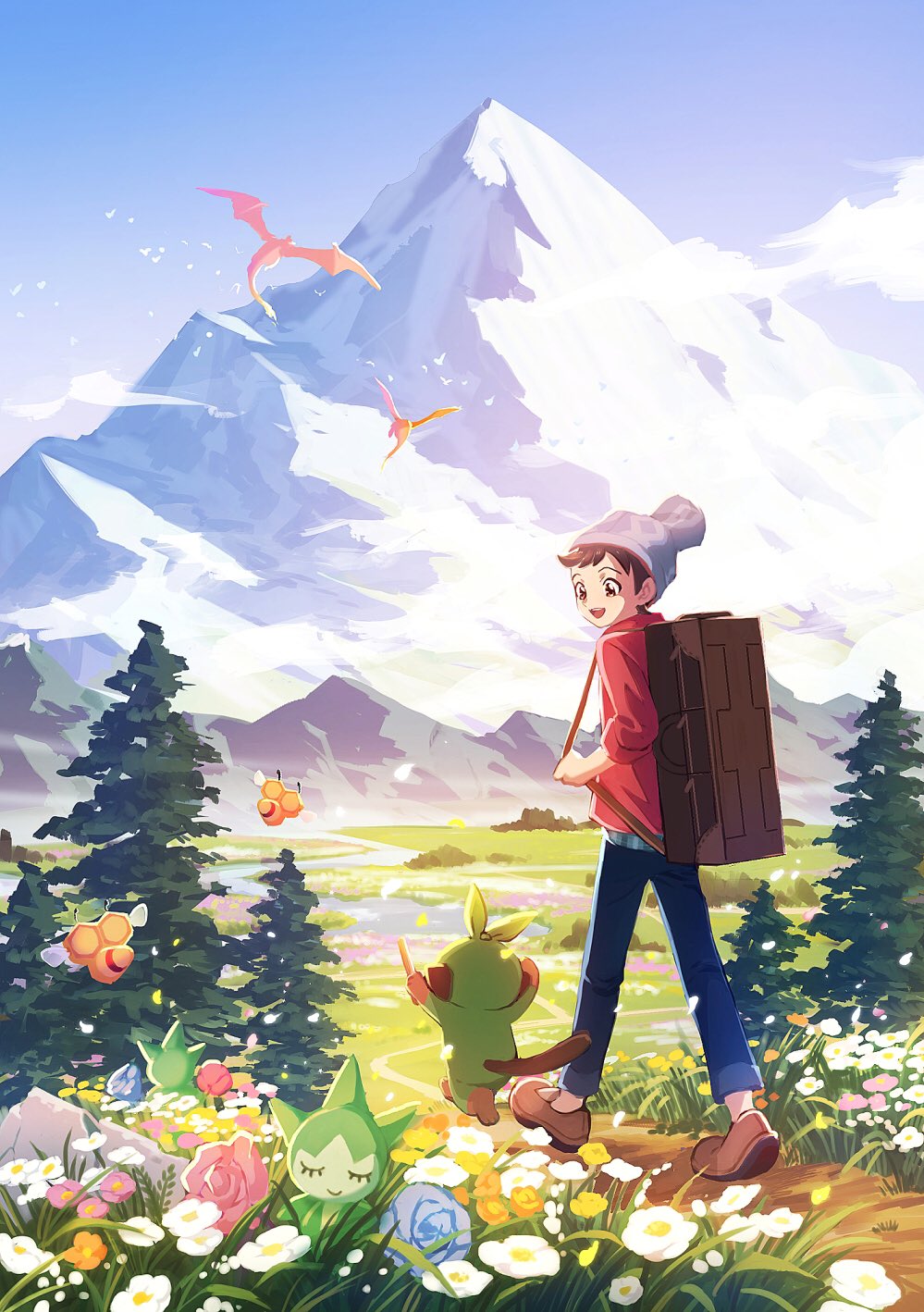 1boy :d amakara000 beanie brown_eyes brown_footwear brown_hair cable_knit charizard combee commentary day flower gen_1_pokemon gen_3_pokemon gen_4_pokemon gen_8_pokemon grass grey_headwear grookey hat highres holding_strap looking_down male_focus mountain nintendo open_mouth outdoors path pokemon pokemon_(creature) pokemon_swsh red_shirt road rock roselia_(pokemon) shirt shoes sky sleeves_rolled_up smile standing suitcase symbol-only_commentary teeth tongue tree upper_teeth_only victor_(pokemon) water