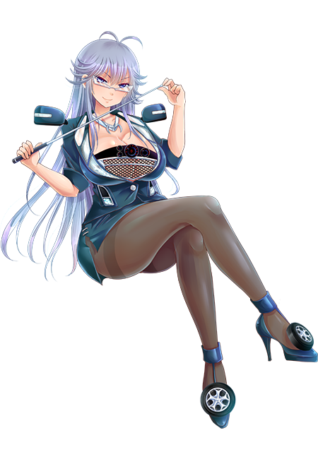 1girl blue_eyes blue_suit breasts cleavage crossed_legs fishnet_top fishnets formal_clothes game_cg gauge glasses high_heels huge_breasts large_breasts looking_at_viewer mazda naughty_face official_art pantyhose pencil_skirt pointer side-view_mirror sitting skirt skirt_suit smile solo strappy_heels suit syanago_collection usubeni_sakurako wheel white_hair