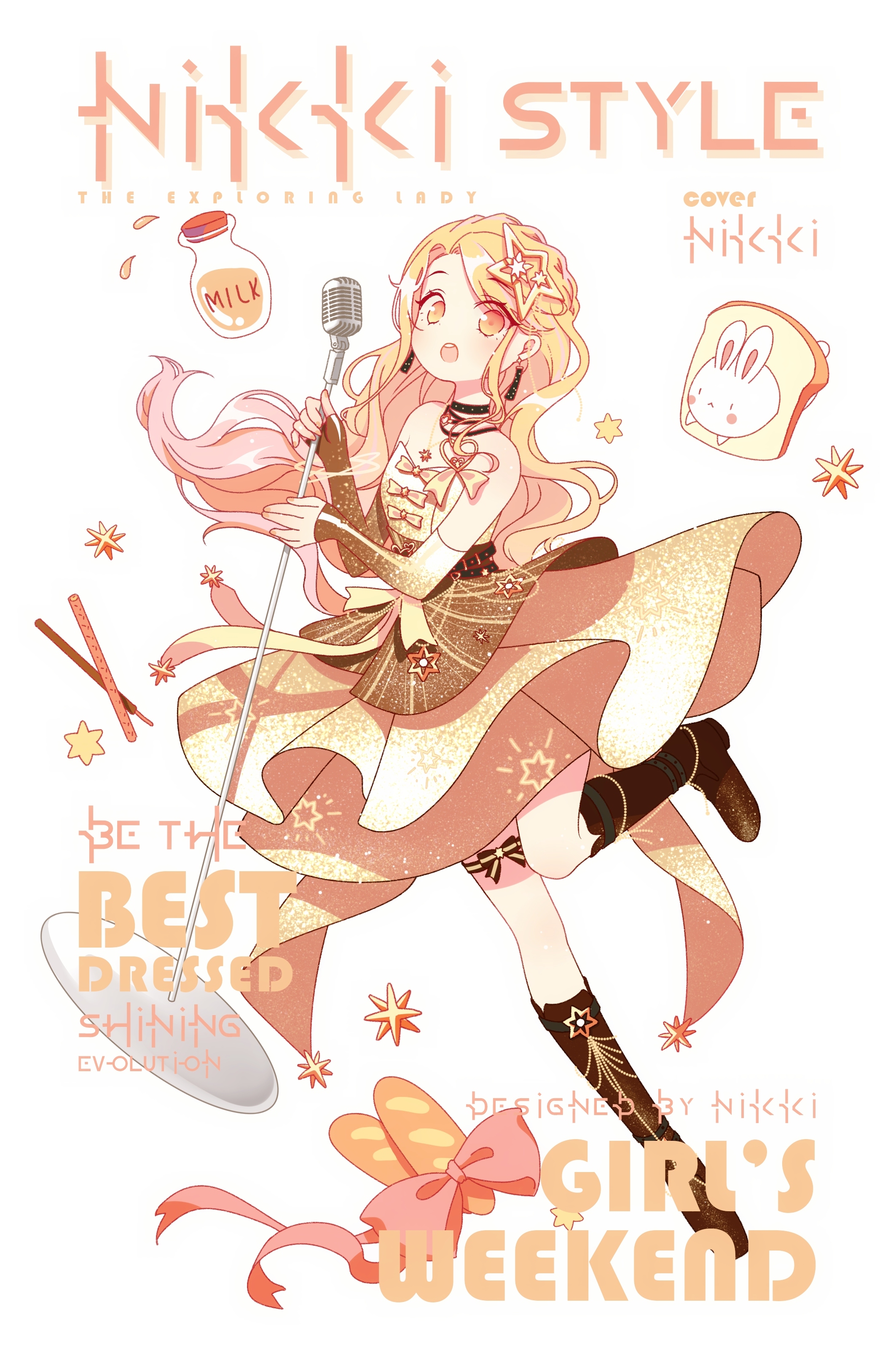 1girl absurdres baguette bare_shoulders black_arm_warmers black_boots black_bow black_socks blonde_hair boots bow bow_button bow_legwear bread bread_slice character_request chinese_commentary coattails commentary_request copyright_name cork cover dress earrings english_text eyelashes fake_magazine_cover food full_body gradient_arm_warmers gradient_hair hair_ornament happy high_heel_boots high_heels highres holding holding_microphone_stand idol jar jewelry knee_boots kneehighs leg_up light_blush magazine_cover microphone microphone_stand milk miniskirt multicolored_hair necklace nikki_(series) open_mouth pink_bow pink_hair pleated_dress rabbit shining_nikki simple_background situ'erte_tiezhu skirt skirt_under_dress smile socks solo standing star_(symbol) star_hair_ornament star_print strapless strapless_dress striped_bow tareme tassel tassel_earrings teeth thigh_strap toast upper_teeth_only white_arm_warmers white_background yellow_bow yellow_dress yellow_eyes yellow_skirt