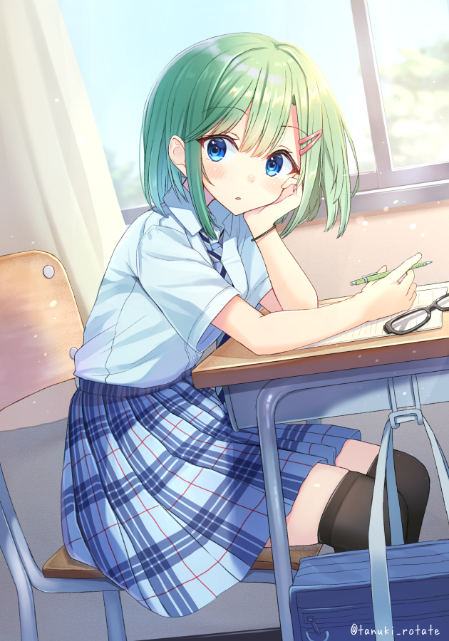 1girl arm_on_table arm_rest bag black-framed_eyewear black_thighhighs blue_bag blue_eyes blue_necktie blue_skirt bob_cut bracelet center-flap_bangs chair classroom collared_shirt commentary_request curtains day desk diagonal-striped_clothes diagonal-striped_necktie elbow_on_table elbow_rest feet_out_of_frame glasses green_hair hair_ornament hairclip hand_on_own_cheek hand_on_own_face head_rest holding holding_pen indoors jewelry light_blush looking_to_the_side medium_hair multicolored_skirt necktie on_chair original over-kneehighs paper parted_lips pawoo_username pen plaid_clothes plaid_skirt pleated_skirt school_bag school_chair school_desk school_uniform shirai_tanuki shirt short_sleeves sitting skirt solo striped_clothes takeda_emi thighhighs twitter_username unworn_bag unworn_eyewear white_curtains white_shirt window