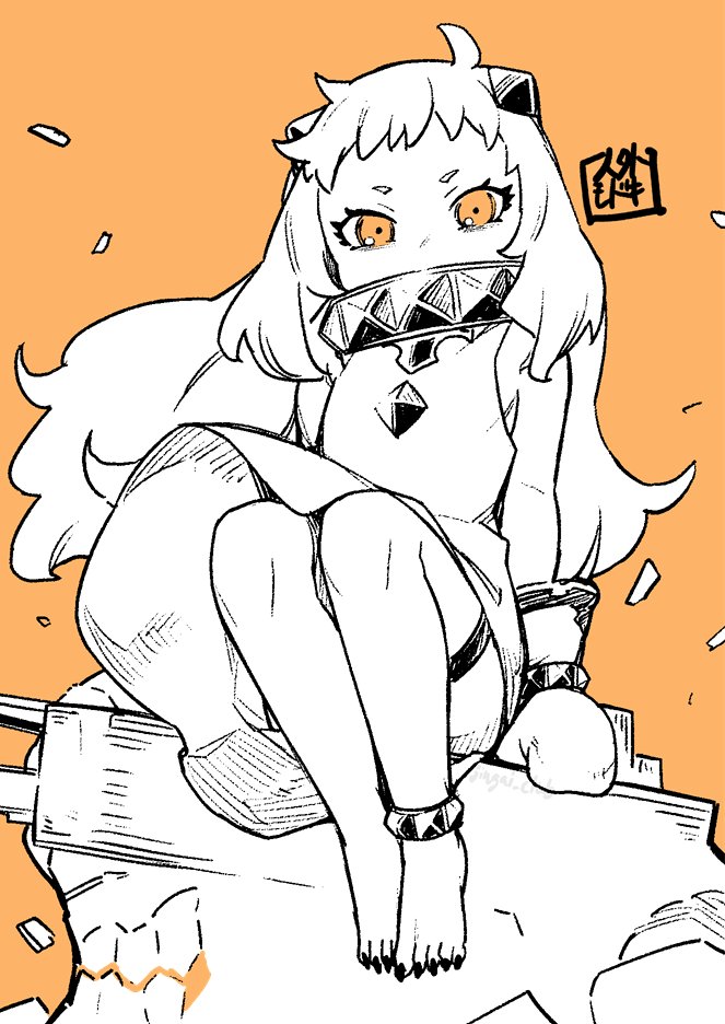 1girl abyssal_ship ahoge anklet bare_shoulders barefoot commentary_request covered_mouth dress feet horns jewelry jingai_modoki kantai_collection long_hair looking_at_viewer mittens northern_ocean_princess orange_background orange_eyes seal_impression sharp_toenails ship_turret simple_background sitting sleeveless sleeveless_dress solo spot_color thigh_strap toenails toes very_long_hair