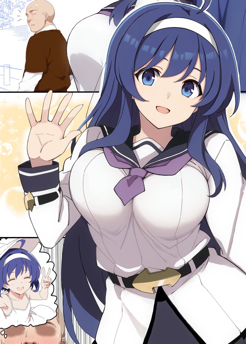 1boy 1girl aged_down ahoge bald ballardiae1007 blue_eyes blue_hair blush breasts closed_eyes dress hairband highres huge_ahoge large_breasts long_hair looking_at_viewer open_mouth orie_ballardiae_harada school_uniform short_hair speech_bubble teeth thought_bubble under_night_in-birth upper_teeth_only v very_long_hair white_hairband