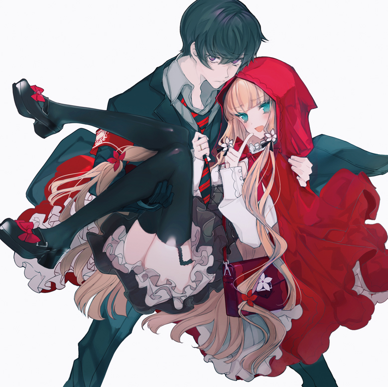 1boy 1girl armband bag black_hair black_jacket black_pants black_thighhighs blonde_hair carrying cierra_(ra-bit) cloak commentary_request flower green_eyes hair_between_eyes hair_flower hair_ornament handbag hood hooded_cloak jacket long_hair long_sleeves looking_at_viewer mary_janes necktie original pants princess_carry purple_eyes red_cloak shirt shoes short_hair simple_background striped_neckwear thighhighs very_long_hair white_background white_shirt