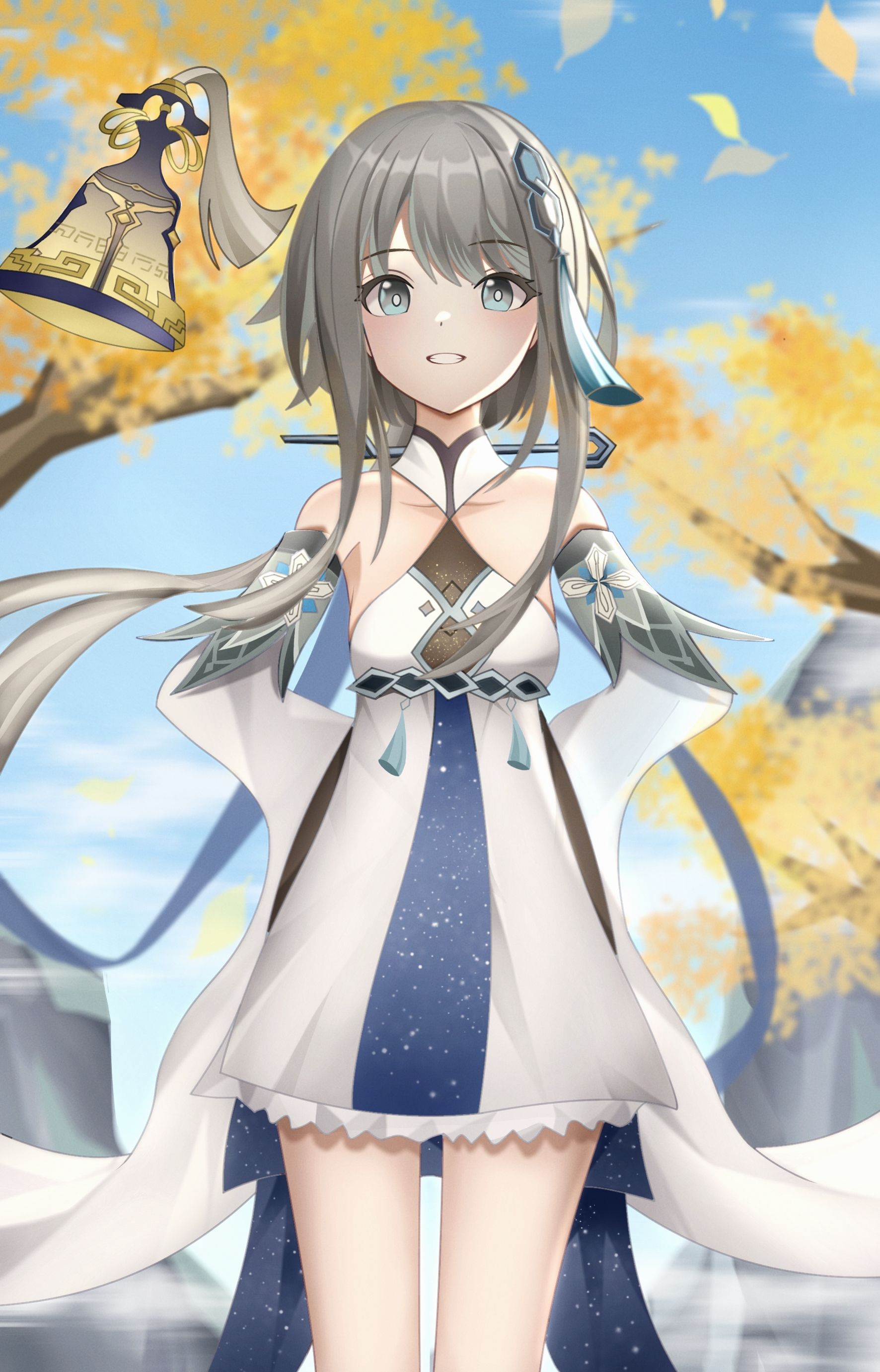 1girl absurdres bare_shoulders blue_eyes brown_hair closed_mouth detached_sleeves dress genshin_impact grey_hair guizhong_(genshin_impact) hair_between_eyes hair_ornament highres kenomotsu_yukuwa long_hair long_sleeves looking_at_viewer open_mouth sleeves_past_fingers sleeves_past_wrists smile solo tassel white_dress wide_sleeves