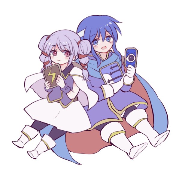 1boy 1girl blue_hair boots cape cellphone chibi drill_hair fire_emblem fire_emblem:_genealogy_of_the_holy_war gloves headband holding holding_phone kitano_373 long_hair multi-tied_hair nintendo phone purple_hair seliph_(fire_emblem) simple_background smartphone smile tine_(fire_emblem) twin_drills white_background