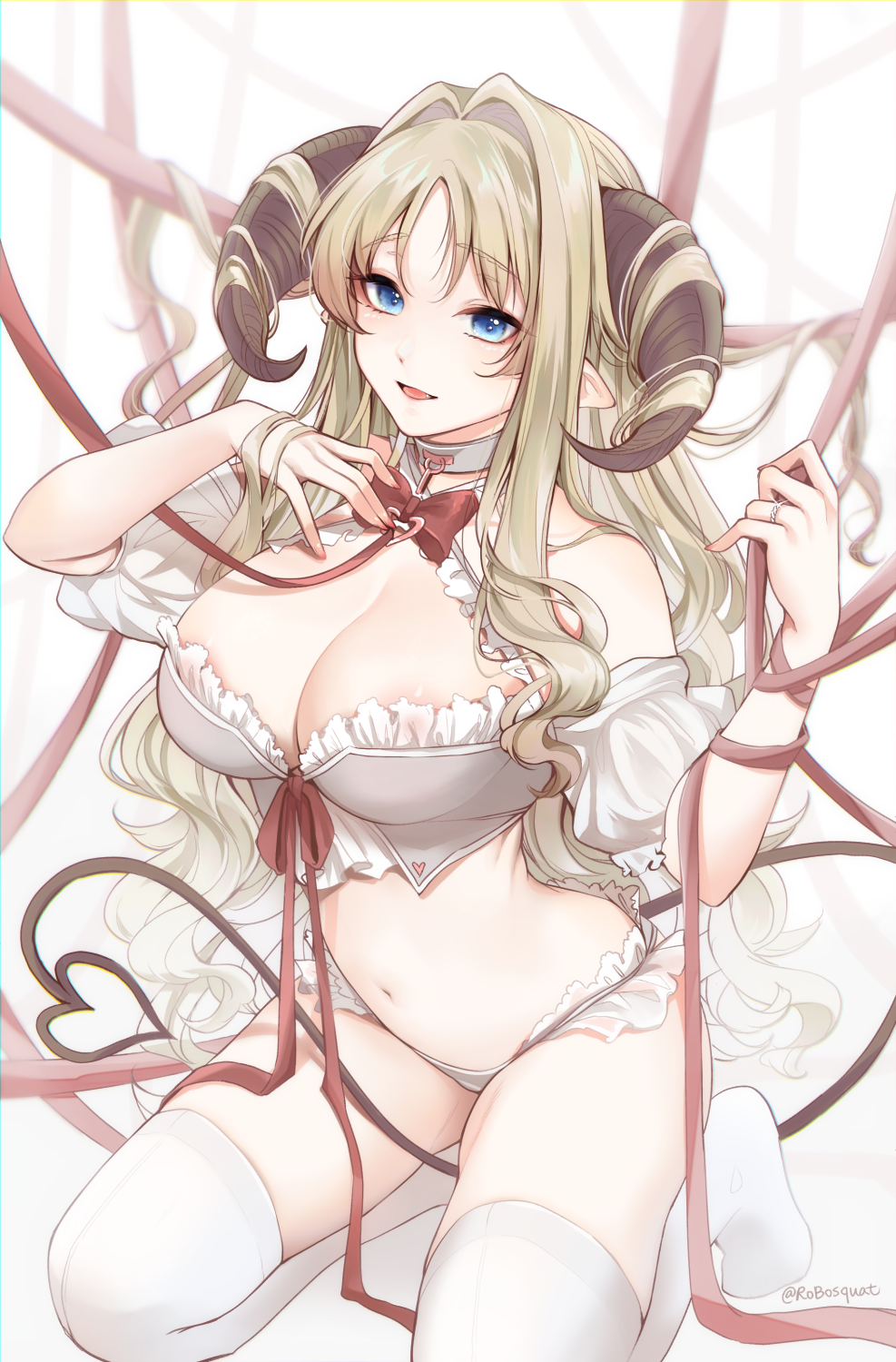 1girl :d areola_slip bare_shoulders blonde_hair blue_eyes bow bowtie bra breasts carrot_(robosquat) cleavage collar commentary_request darling_in_the_franxx demon_girl demon_horns demon_tail detached_sleeves fang frilled_bra frilled_panties frills grey_bra grey_panties hair_intakes heart highres horns jewelry kneeling kokoro_(darling_in_the_franxx) large_breasts leash long_hair navel no_shoes open_mouth panties parted_bangs pointy_ears puffy_short_sleeves puffy_sleeves red_bow red_bowtie red_ribbon ribbon ring short_sleeves smile solo stomach tail thighhighs underwear underwear_only very_long_hair viewer_holding_leash wavy_hair wedding_band white_thighhighs