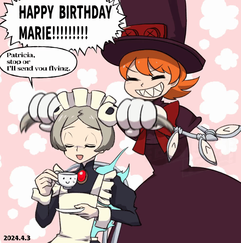 2024 20s 2girls animated animated_gif apron birthday bloody_marie_(skullgirls) brooch closed_eyes cup cyborg dated english_text gloves grabbing_another&#039;s_hair grabbing_another&#039;s_twintails grey_hair grin hair_ornament hasta hat jewelry multiple_girls orange_hair peacock_(skullgirls) pink_background plate short_hair skull_hair_ornament skullgirls smile speech_bubble teacup top_hat twintails