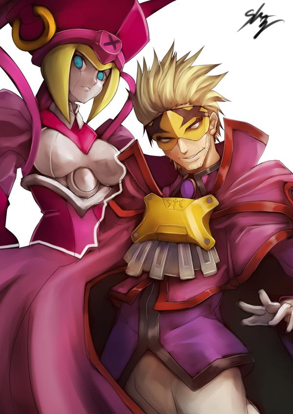 1boy 1girl android blazblue blonde_hair blue_eyes cape facial_hair gloves hat ignis_(blazblue) looking_at_viewer mask md5_mismatch pink_headwear relius_clover resized simple_background smirk sowel_(sk3) stubble white_background white_hair