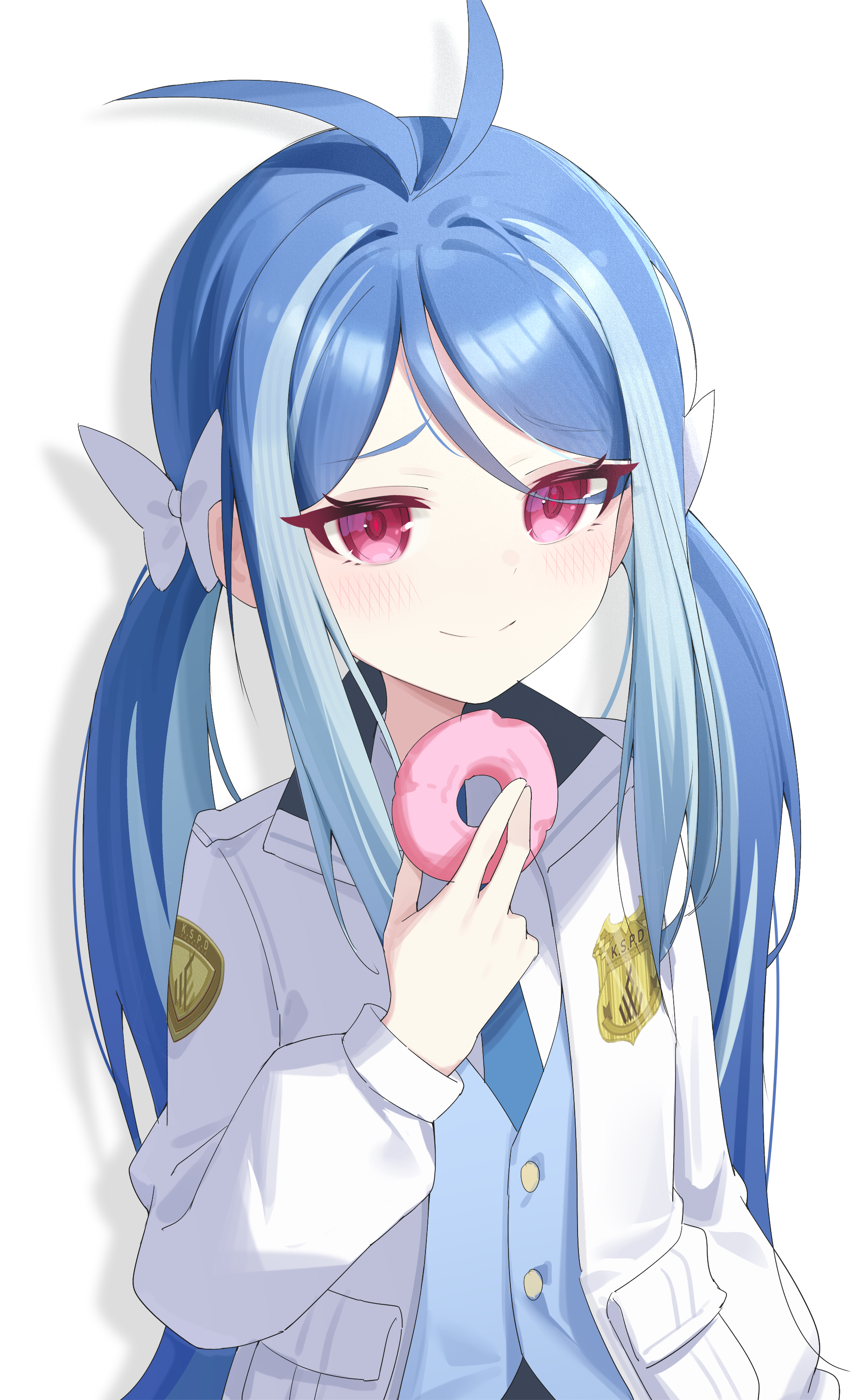 1girl absurdres antenna_hair blue_archive blue_hair blue_necktie blue_vest bow closed_mouth donut drop_shadow food fubuki_(blue_archive) hair_bow highres holding holding_donut holding_food jacket jei_(user_tckk7448) long_sleeves looking_at_viewer necktie no_headwear open_clothes open_jacket red_eyes shadow shirt simple_background solo upper_body vest white_background white_jacket white_shirt