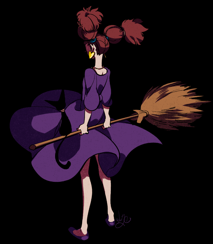 1girl black_background black_cat brown_hair cat dress earrings facing_away full_body heart heart_earrings holding holding_behind_back jewelry long_hair majo_no_takkyuubin purple_dress purple_shoes sameyama_jiro senior_witch_(majo_no_takkyuubin) shoes short_sleeves signature simple_background solo twintails