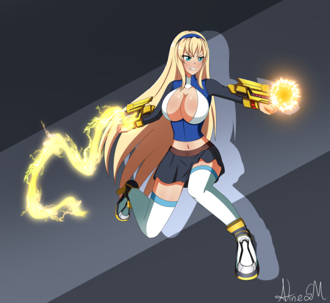 1girl alinesm blonde_hair blue_eyes blue_ribbon blush boots breasts cleavage commission crossover ember_celica_(rwby) fusion hair_ribbon hexafusion katsuragi_(senran_kagura) large_breasts long_hair metroid metroid_dread metroid_fusion nintendo no_bra open_clothes open_shirt plaid_clothes plaid_skirt ribbon rwby samus_aran senran_kagura senran_kagura_burst senran_kagura_new_link senran_kagura_shoujo-tachi_no_shin&#039;ei skirt thighhighs very_long_hair weapon yang_xiao_long