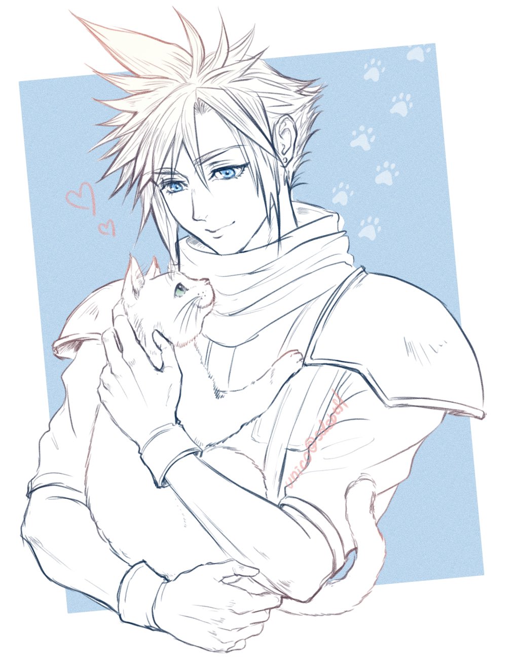 1boy animal armor blue_background blue_eyes border cat closed_mouth cloud_strife crisis_core_final_fantasy_vii final_fantasy final_fantasy_vii gloves hair_between_eyes highres holding holding_animal holding_cat male_focus pauldrons paw_print scarf sdsbtfl shinra_infantry_uniform short_hair shoulder_armor smile solo spiked_hair upper_body white_border