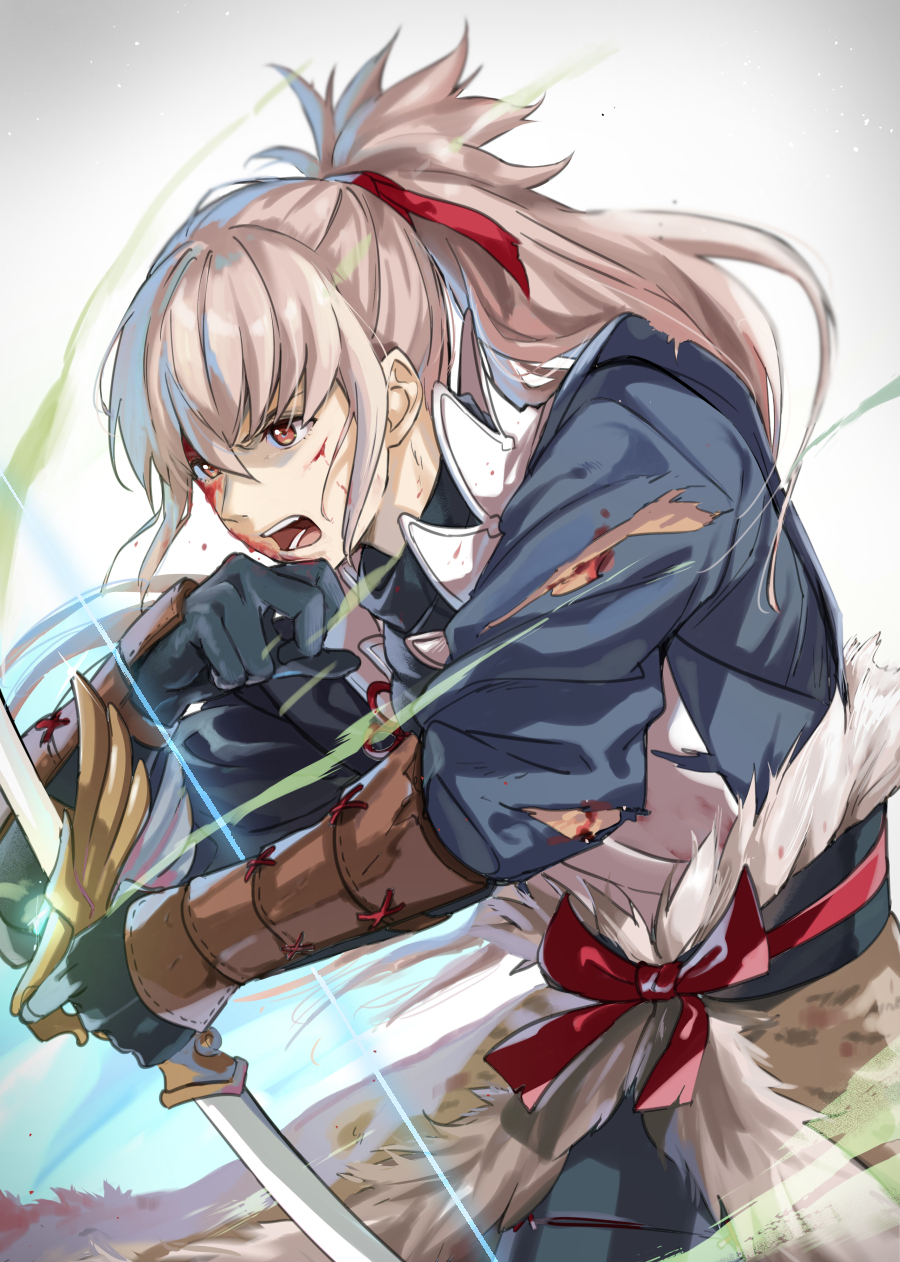 1boy blood bow_(weapon) fire_emblem fire_emblem_fates fujin_yumi_(fire_emblem) grey_hair highres holding holding_bow_(weapon) holding_weapon japanese_clothes long_hair male_focus nintendo orange_eyes ponytail takumi_(fire_emblem) taromarun torn_clothes weapon yumi_(bow)