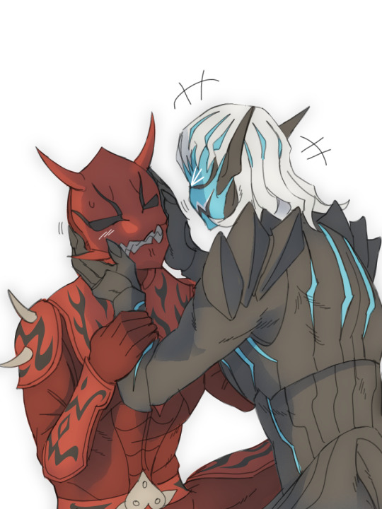 &gt;_&lt; +++ 2boys armor black_armor black_eyes blue_eyes blush demon demon_boy grabbing_another&#039;s_arm hand_on_another&#039;s_cheek hand_on_another&#039;s_face kaikaifilu kamen_rider kamen_rider_den-o_(series) kamen_rider_revice mask momotaros monster monster_boy multiple_boys oni oni_horn red_armor simple_background vice_(kamen_rider_revice) white_background white_hair