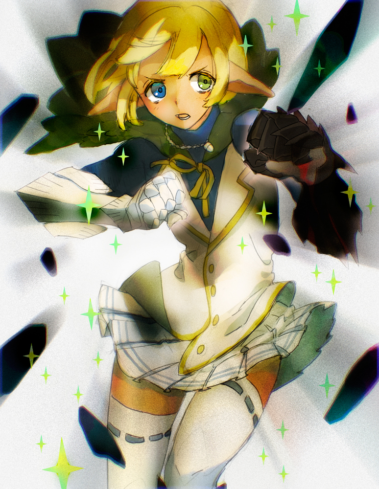 1boy blonde_hair dark-skinned_male dark_skin gauntlets heterochromia horocca mare_bello_fiore medium_hair miniskirt overlord_(maruyama) pointy_ears skirt solo thighhighs trap white_thighhighs