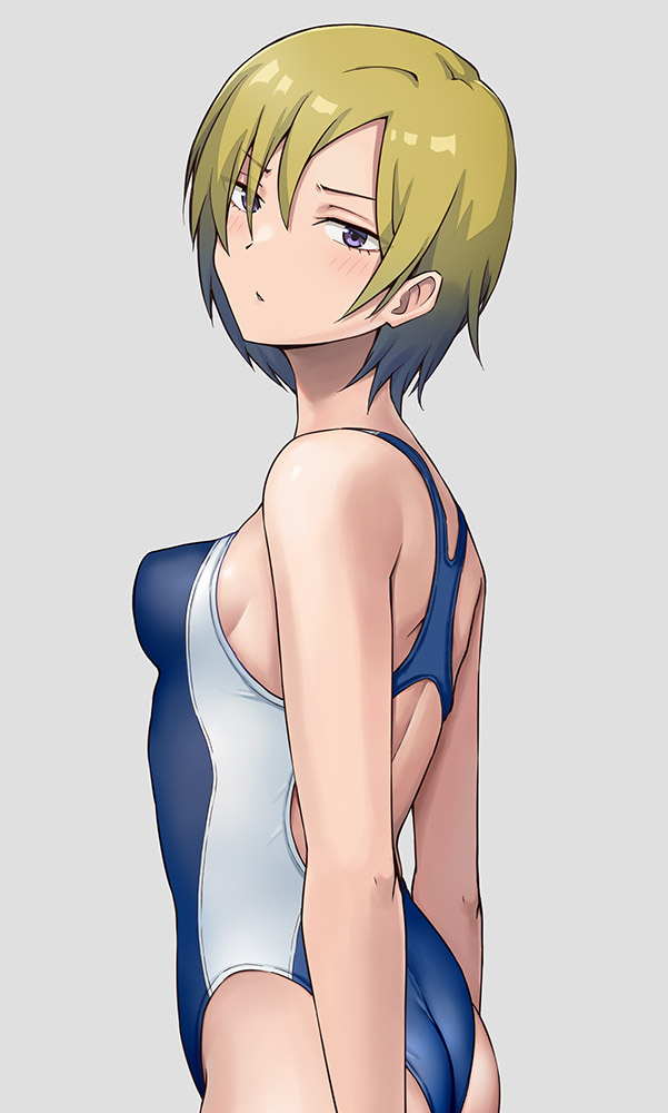 1girl ass blonde_hair blue_one-piece_swimsuit breasts commentary_request competition_swimsuit delinquent grey_background grey_eyes hair_over_one_eye hashi looking_at_viewer one-piece_swimsuit original short_hair simple_background small_breasts solo swimsuit two-tone_swimsuit
