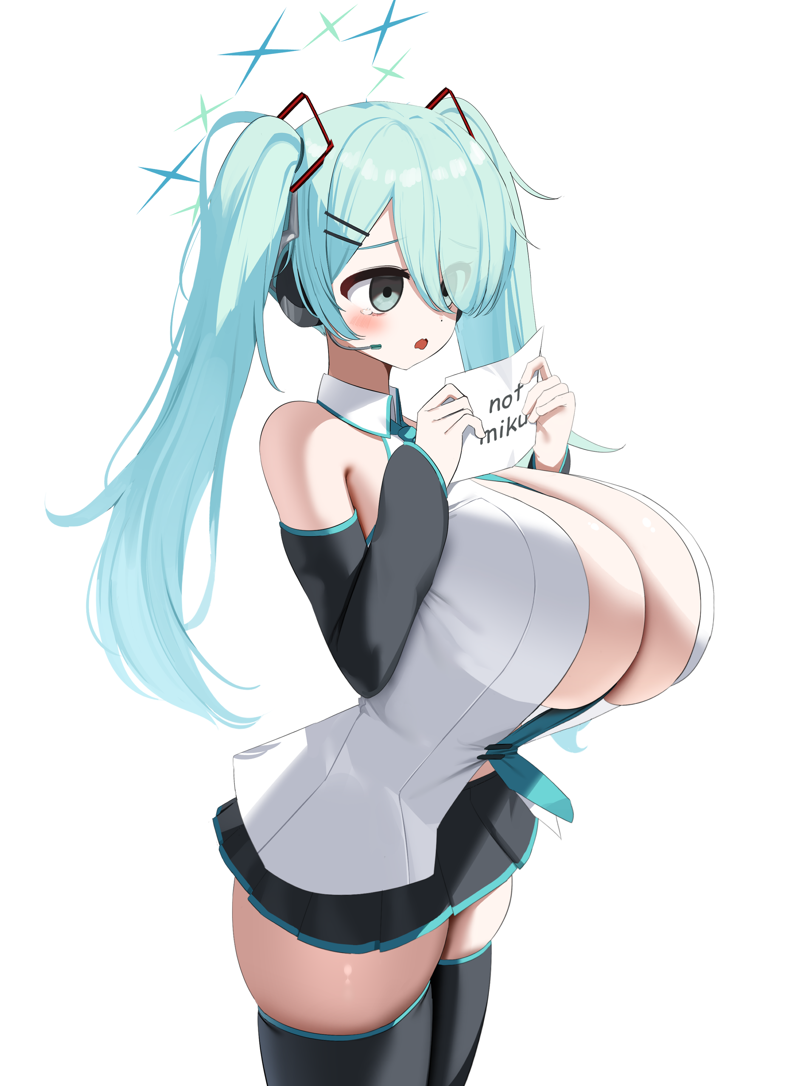 1girl absurdres aqua_eyes aqua_hair aqua_necktie bare_shoulders between_breasts black_skirt black_sleeves black_thighhighs blue_archive breasts cleavage commentary_request cosplay detached_sleeves eyes_visible_through_hair hair_ornament hair_over_one_eye hairclip halo hatsune_miku hatsune_miku_(cosplay) headset highres hiyori_(blue_archive) holding holding_paper huge_breasts long_hair miniskirt necktie necktie_between_breasts nicorima open_mouth paper shirt simple_background skindentation skirt sleeveless sleeveless_shirt solo thighhighs thighs twintails white_background white_shirt zettai_ryouiki