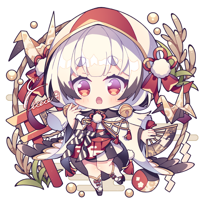 1girl :o bell black_hair black_hakama blush chibi chibi_only colored_tips commentary_request full_body hakama hakama_skirt hand_fan hand_up hat hat_ribbon holding holding_fan hyou_(pixiv3677917) japanese_clothes jingle_bell kimono long_sleeves looking_at_viewer multicolored_hair obi okobo open_mouth origami original platform_sandals red_hat red_ribbon ribbon sandals sash short_hair signature simple_background skirt socks solo standing thick_eyebrows two-tone_hair two-tone_hat white_background white_hat white_kimono white_socks wide_sleeves