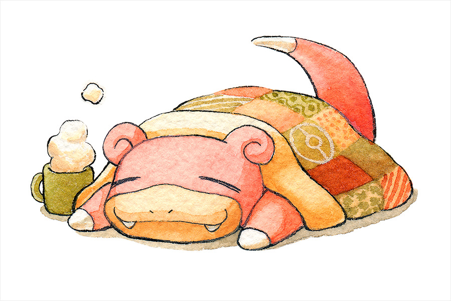 =_= blanket closed_eyes closed_mouth coffee_mug commentary cup english_commentary fangs fangs_out gen_1_pokemon lying mug nintendo no_humans oliver_hamlin on_stomach painting_(medium) poke_ball_print pokemon pokemon_(creature) quilt simple_background sleeping slowpoke smile solo steam traditional_media watercolor_(medium) white_background