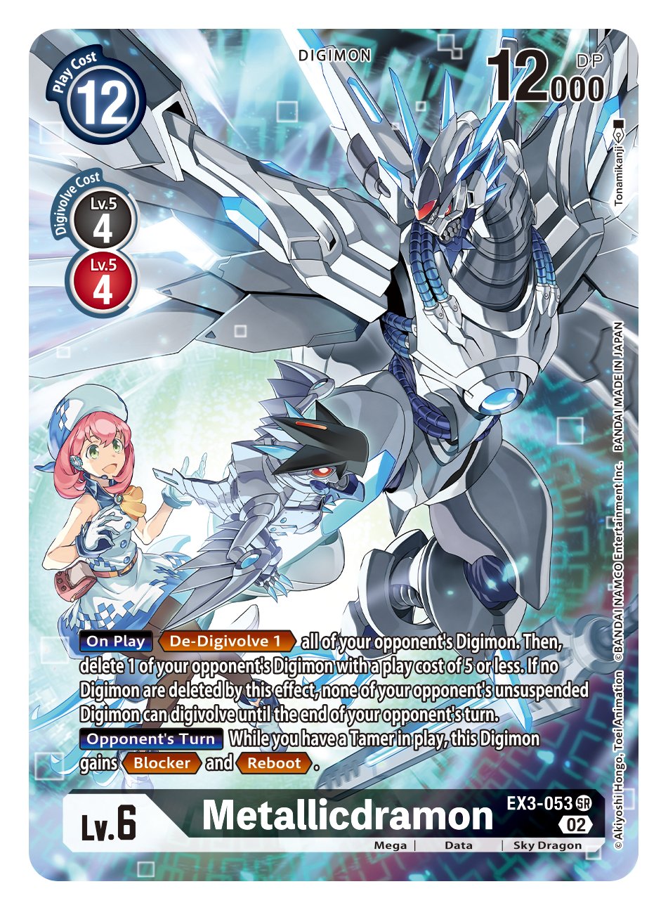 1girl bare_shoulders bird card_(medium) commentary digimon digimon_(creature) digimon_card_game digimon_linkz dragon english_commentary english_text extra_mouth green_eyes hat highres jazamon kurihara_hina machinery mecha mechanical_wings metallicdramon official_art pink_hair red_eyes robot second-party_source short_hair sleeveless teeth tonami_kanji wings