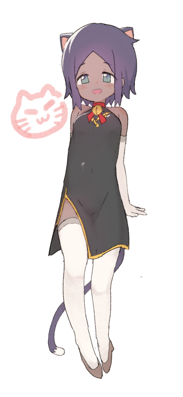 1girl animal_ears bare_shoulders bell black_dress blue_eyes blush cat_ears cat_girl cat_tail china_dress chinese_clothes choker coco_mercury commentary dark-skinned_female dark_skin dress elbow_gloves extra_ears female_focus flat_chest full_body gloves highres korean_commentary last_origin looking_at_viewer luke_(dydansgur) neck_bell open_mouth parted_bangs purple_hair short_hair side_slit smile solo tail thighhighs white_gloves white_thighhighs