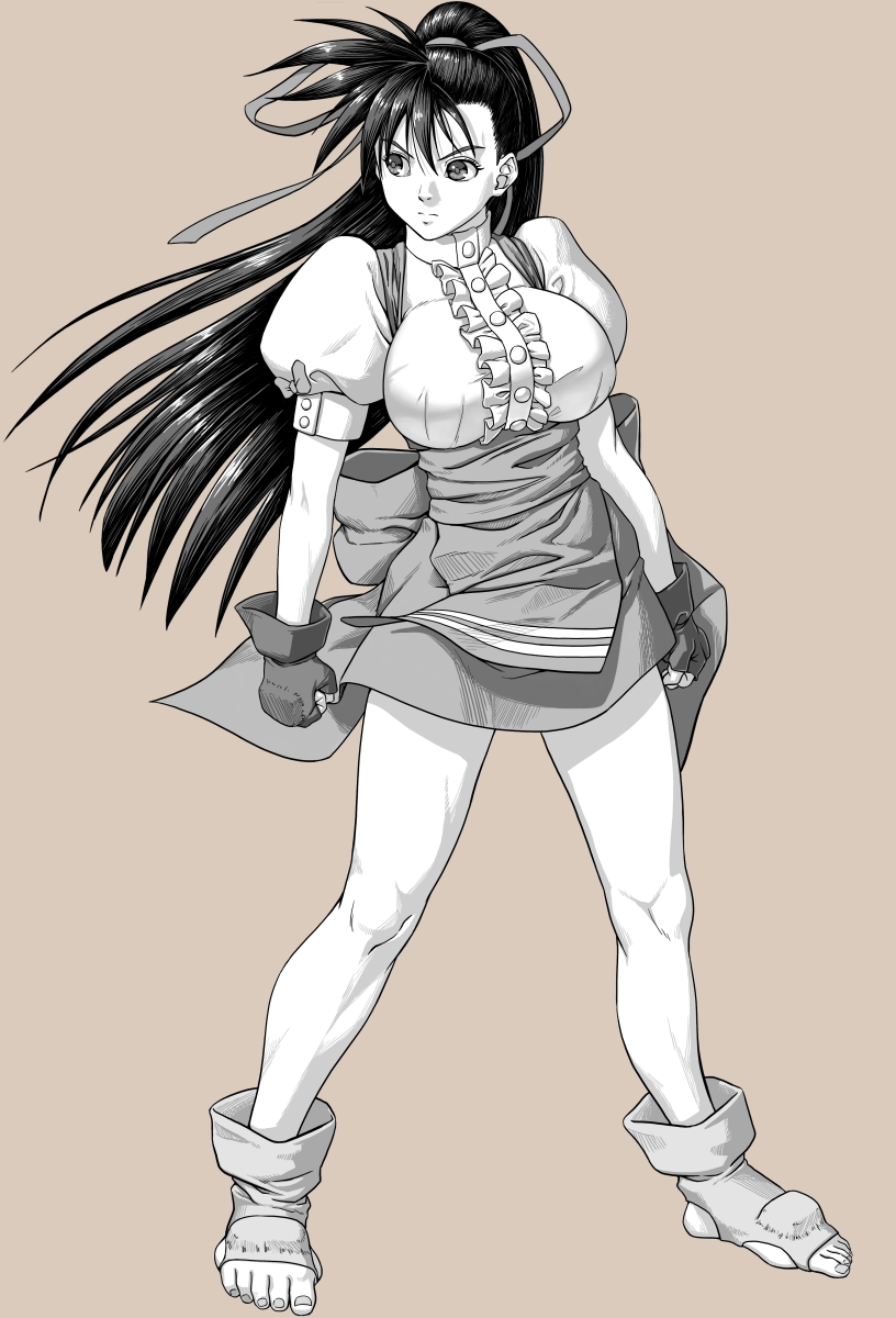 anna_miller breasts fingerless_gloves gloves highres large_breasts long_hair monochrome ponytail simple_background takeuchi_yuka thick_thighs thighs toeless_footwear variable_geo waitress waitress_uniform
