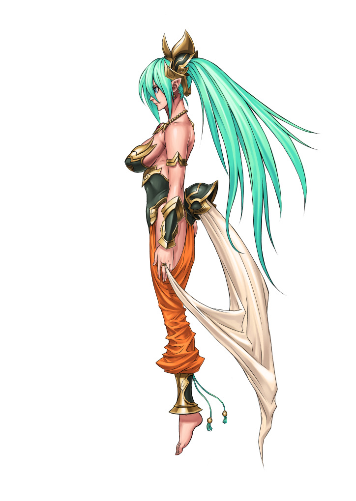 1girl aqua_hair armband bare_shoulders barefoot benten_(cho_aniki) blue_eyes bracer breasts cho_aniki cho_aniki_zero cleavage covered_navel earrings female_focus hair_ornament harem_pants headgear hip_focus jewelry large_breasts leotard long_hair lots_of_jewelry necklace official_art pants pointy_ears profile simple_background solo thighs twintails