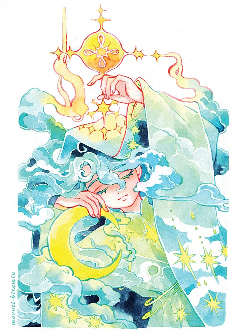 1girl artist_name belt blue_cloak blue_clouds blue_hair border cloak closed_eyes cloud_hair cloud_print colored_eyelashes crescent crescent_moon dress glowing green_dress hand_up limited_palette long_hair long_sleeves maruti_bitamin moon multicolored_hair original painting_(medium) print_cloak print_dress simple_background sky_print smile solo star_(sky) star_(symbol) star_ornament star_print sun traditional_media very_long_hair watercolor_(medium) white_background white_border yellow_light
