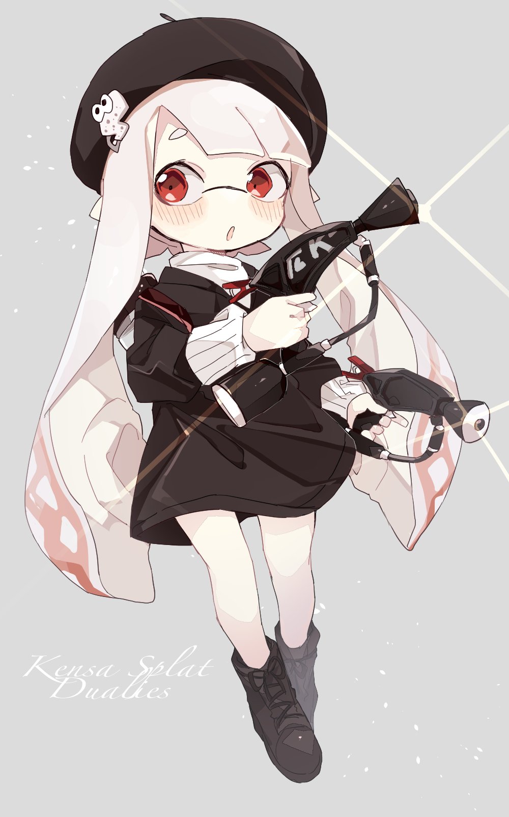 1girl :o ankle_boots beret black_boots black_hat black_jacket blush boots commentary_request dual_wielding full_body glint grey_background hair_ornament hairclip hat highres holding holding_weapon ika_esu ink_tank_(splatoon) inkling inkling_girl inkling_player_character jacket long_hair long_sleeves nintendo no_nose open_mouth pink_hair pointy_ears red_eyes shirt simple_background solo splat_dualies_(splatoon) splatoon_(series) suction_cups tentacle_hair twintails weapon weapon_name white_shirt