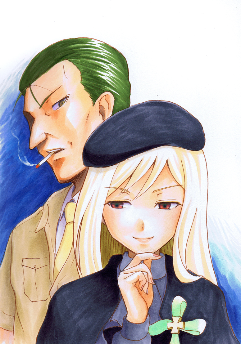07th_expansion 1boy 1girl beret brown_eyes cape cigarette green_hair hand_on_own_chin hat higurashi_no_naku_koro_ni long_hair long_nose looking_at_another necktie no_naku_koro_ni_(series) okonogi_tetsurou parted_bangs red_eyes shiganai_might simple_background smile smoking takano_miyo traditional_media uniform