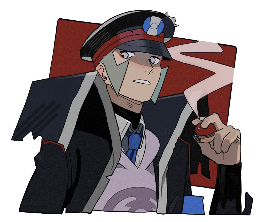 1boy arm_up black_coat black_hat blue_necktie coat collared_shirt commentary cropped_torso grey_eyes grey_hair hat high_collar holding holding_poke_ball ingo_(pokemon) long_sleeves male_focus necktie nintendo parted_lips peaked_cap pearl_clan_outfit poke_ball pokemon pokemon_legends:_arceus shirt sideburns solo torn_clothes torn_coat weirdrws white_shirt wing_collar