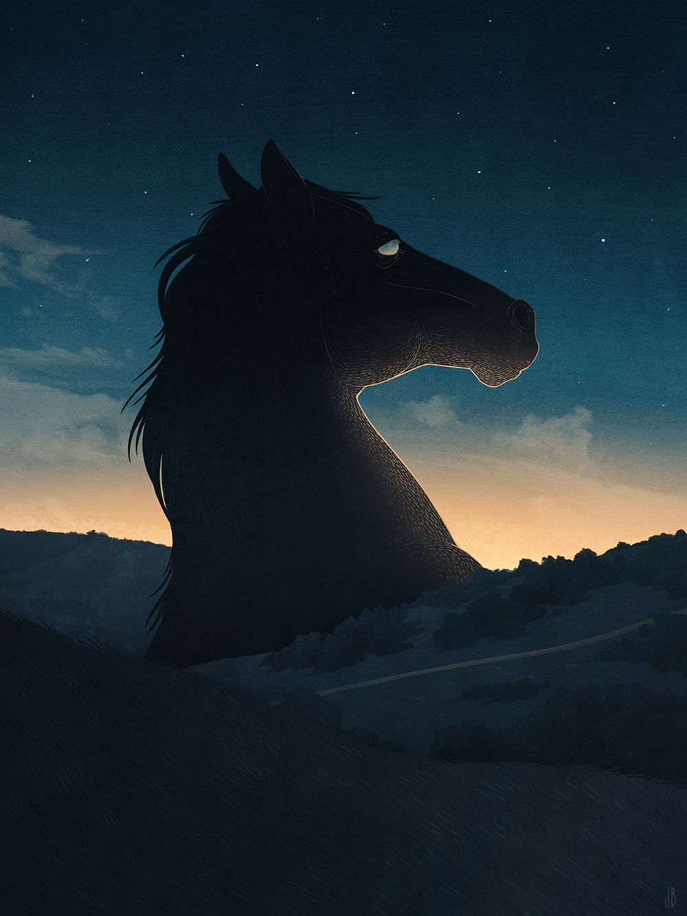 animal animal_focus black_hair blank_eyes blue_sky bush cloud commentary dappermouth dawn dim_lighting english_commentary from_behind gradient_sky highres hill horizon horse horse_head morning night night_sky no_humans orange_sky original outdoors oversized_animal realistic road scenery sky star_(sky) starry_sky street surreal white_eyes
