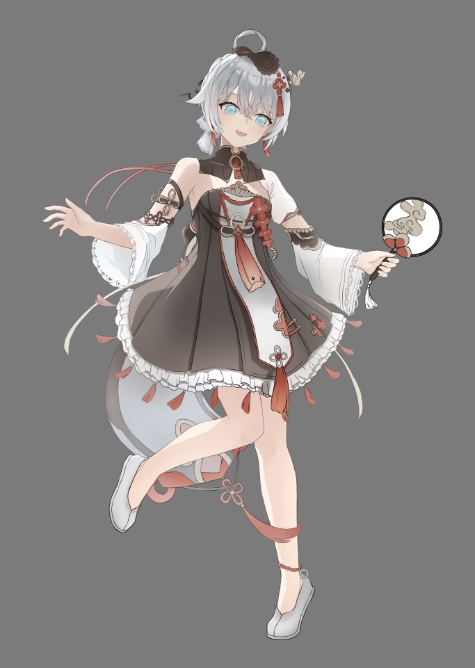 1girl :d blue_eyes china_dress chinese_clothes dress frilled_dress frills full_body grey_background hair_ornament hand_fan hei_yubai_yuan holding holding_fan honkai_(series) honkai_impact_3rd looking_at_viewer open_mouth simple_background smile solo theresa_apocalypse white_hair white_sleeves zhuge_kongming_(herald_of_spring)_(honkai_impact) zhuge_kongming_(honkai_impact)
